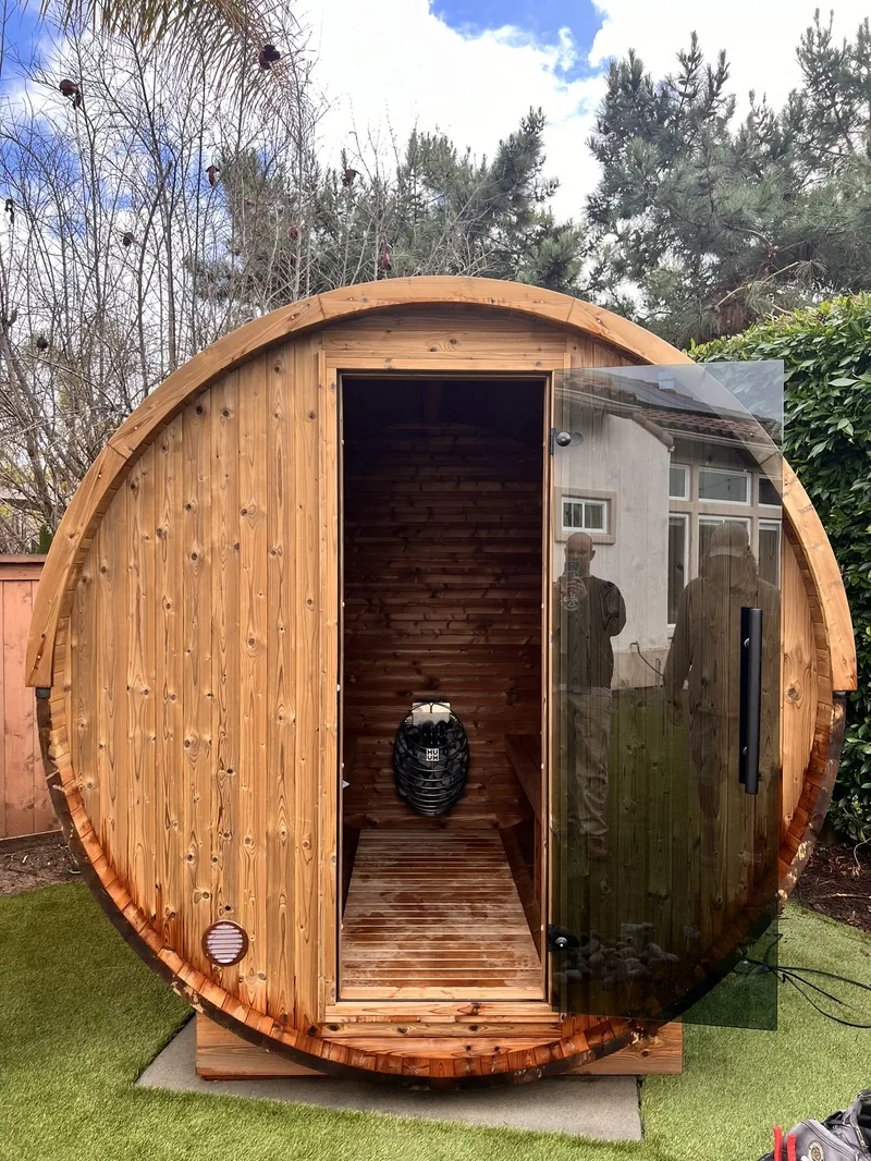 Outdoor barrel sauna electrical installation by Wheyland Electric - spa electrical services